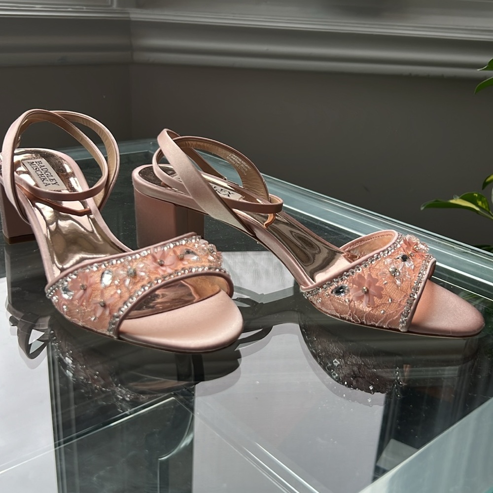 Badgley Mischka Pink Satin Floral Crystal Block Heel Sandals - Picture 7 of 13